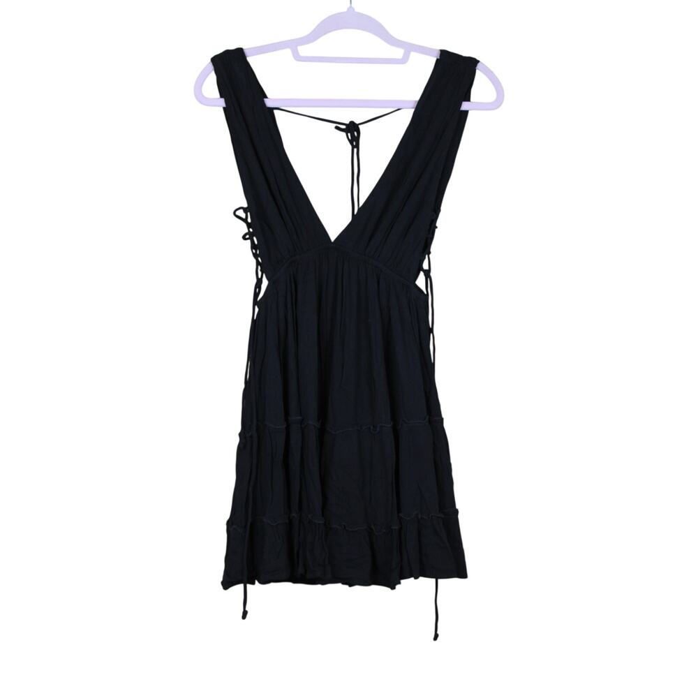 Cotton Candy LA Black Lace Up Side Plunging Tiered Boho Mini Dress Size S